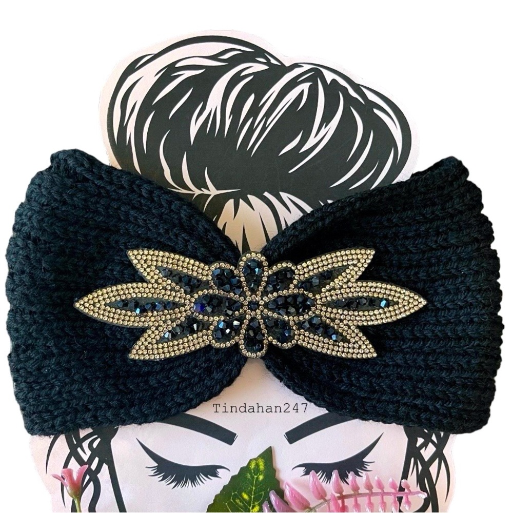 Daisy Gem Flower Design Black Knit Knot Crochet Handmade Headband